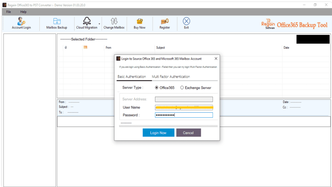 screenshot of Regain Office 365 Backup Tool